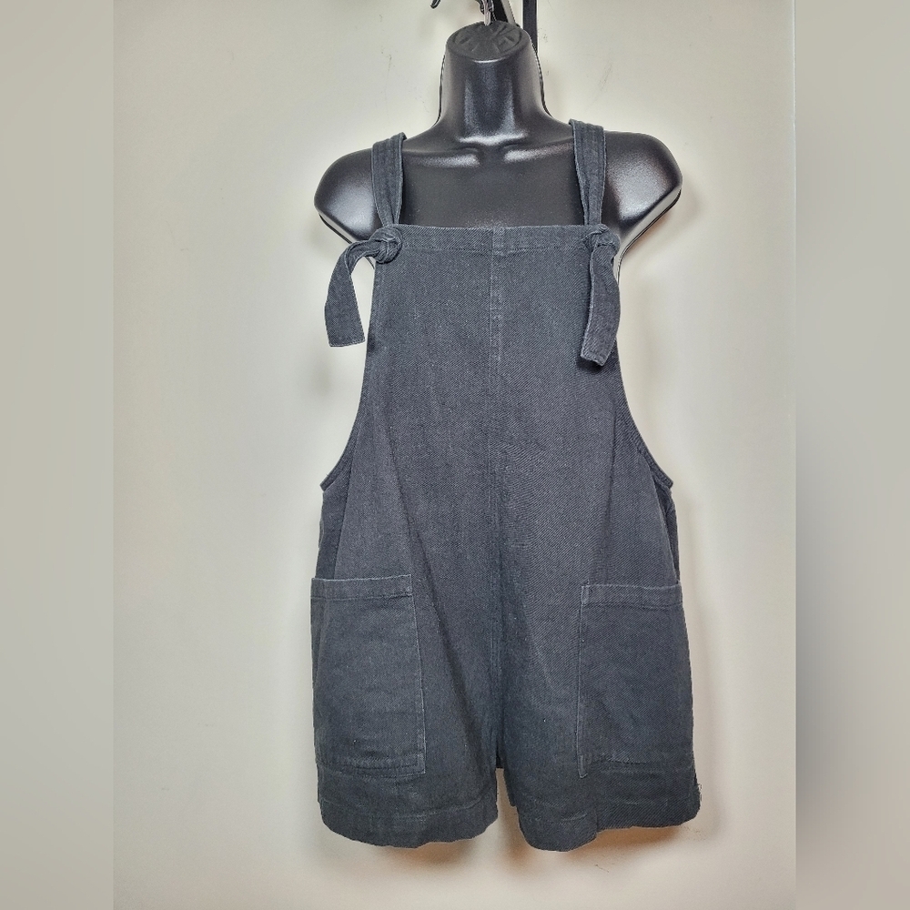 Miou Muse Black Linen Cotton Blend Denim Artsy Overalls Shortalls sz M